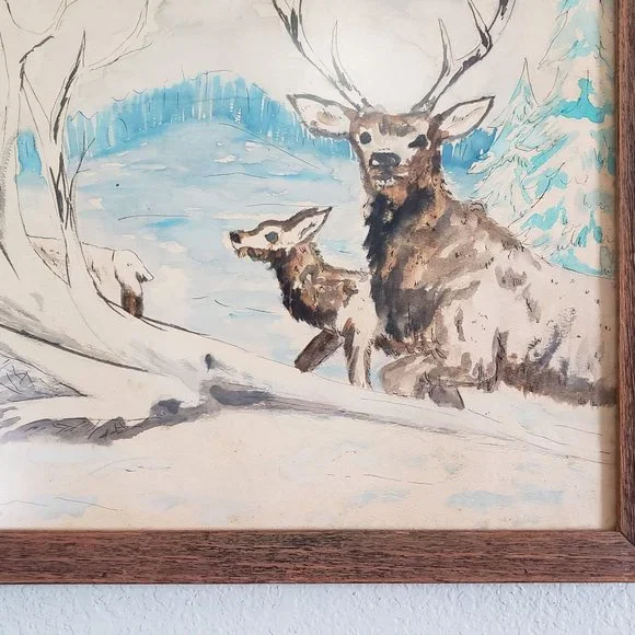 Vintage Deer Racoon Watercolor Painting Framed